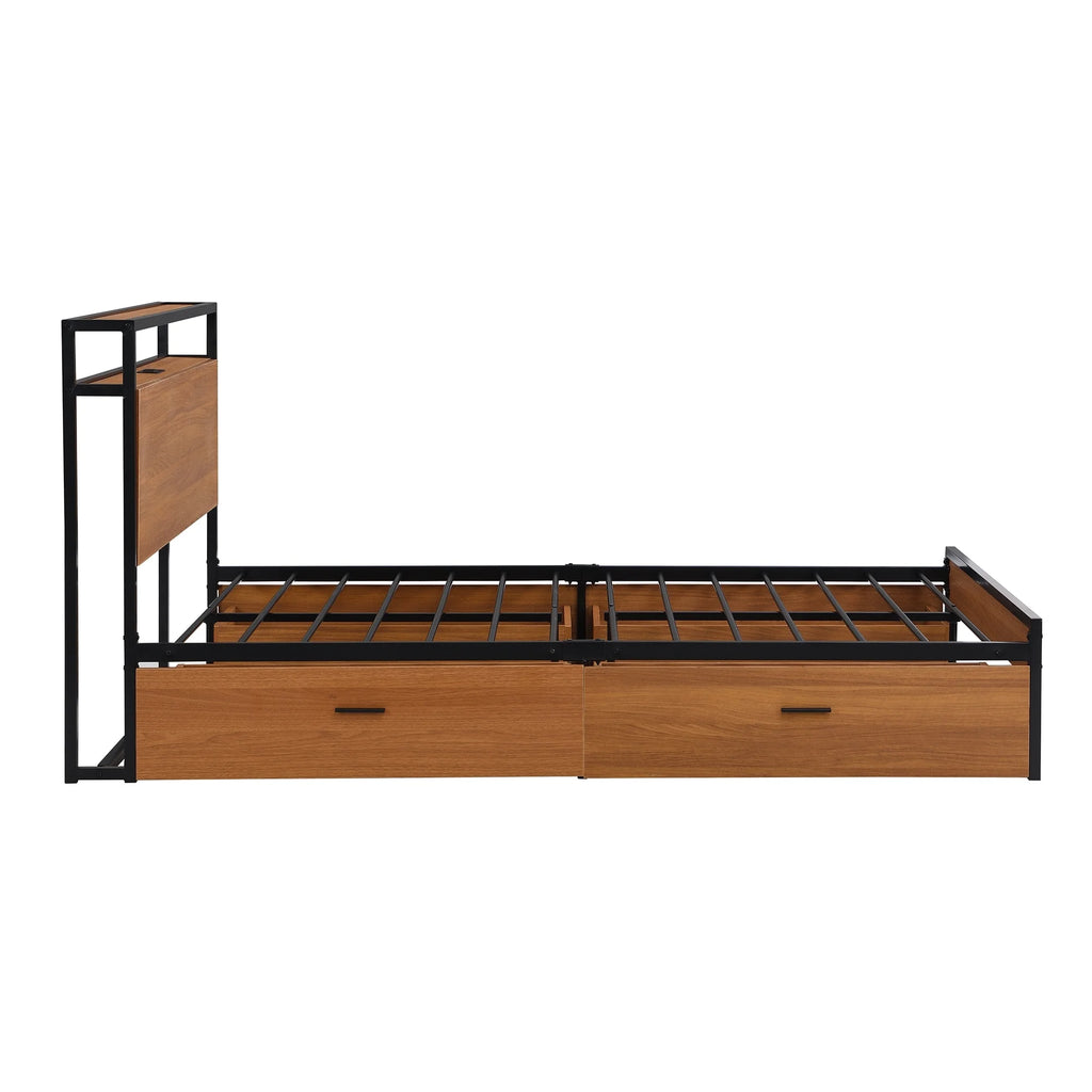 Metal Platform Bed Frame with Four Drawers and Wooden Headboard V9229