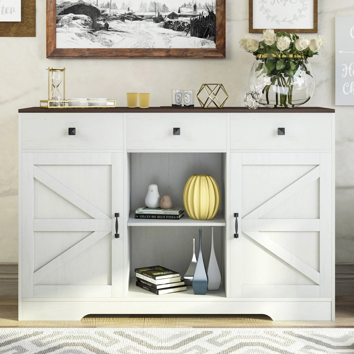 White 53" Wood Coffee Bar Cabinet with 3 Drawers C1790