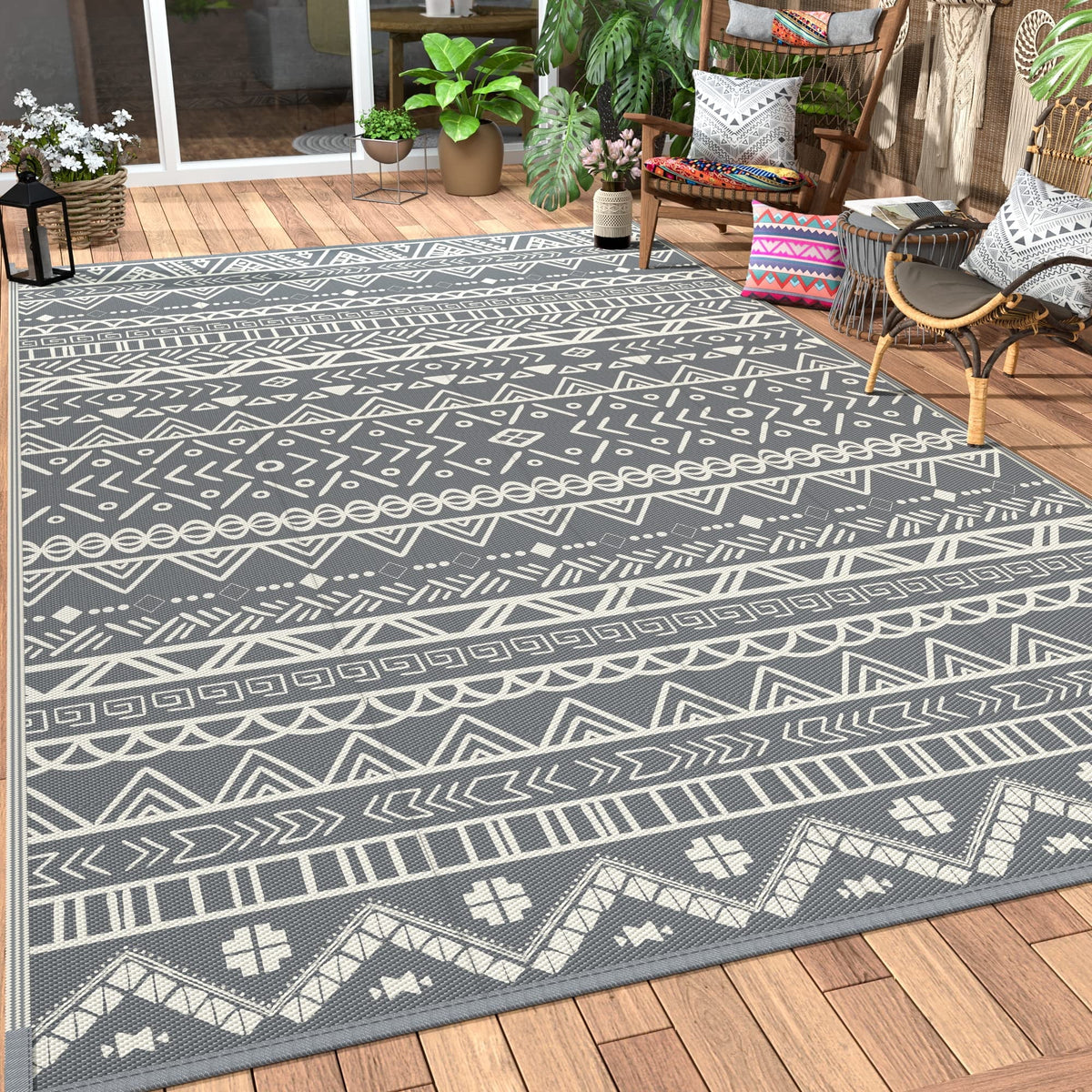 6x9ft Grey White Reversible Outdoor Rug B314412