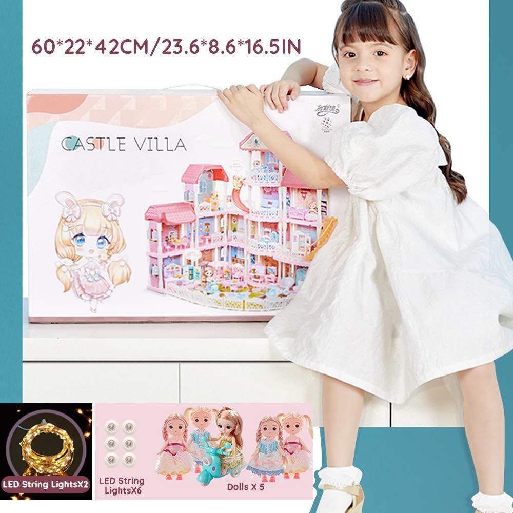 Dollhouse with Furniture Accessories 15 Rooms Pink Pretend Play Doll House Toy Playset M4509