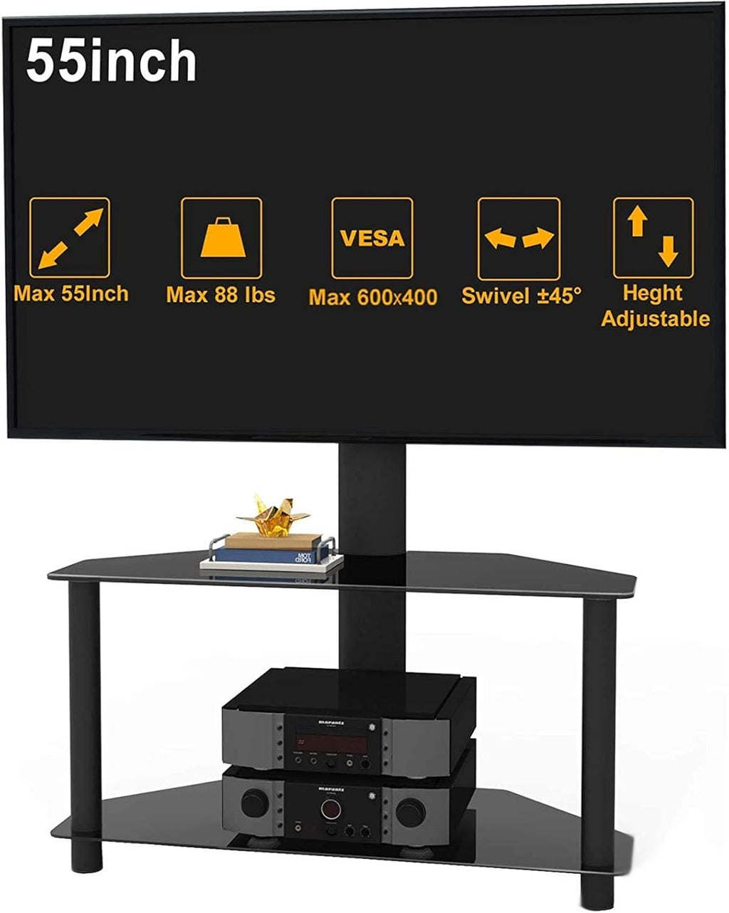 Swivel Floor TV Stand with Tempered Glass Shelf, Black E547