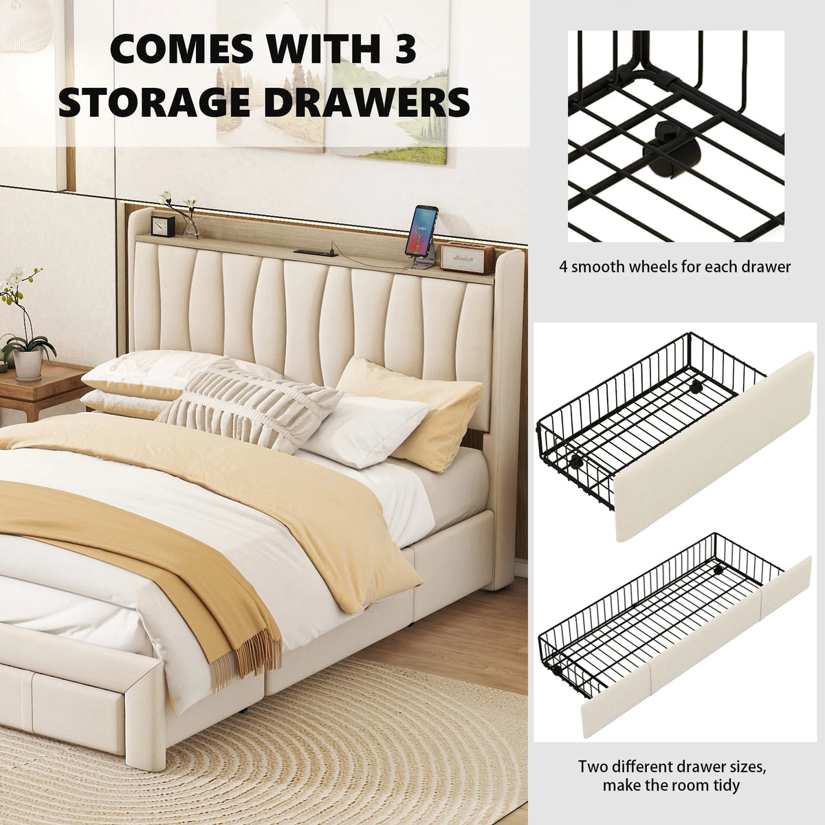 Queen Size Upholstered Platform Bed Frame with 3 Drawers C658887