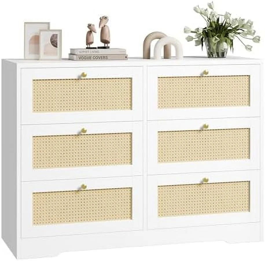White 6 Drawer Rattan Dresser K884