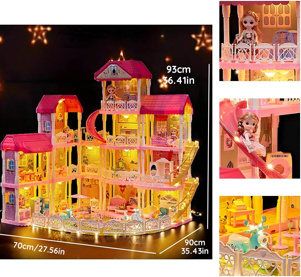 Dollhouse with Furniture Accessories 15 Rooms Pink Pretend Play Doll House Toy Playset M4509