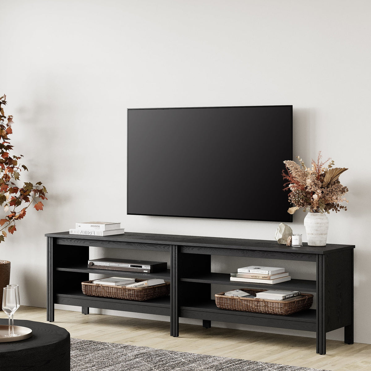 Black Wood TV Stand with 4 Open Shelves K77851