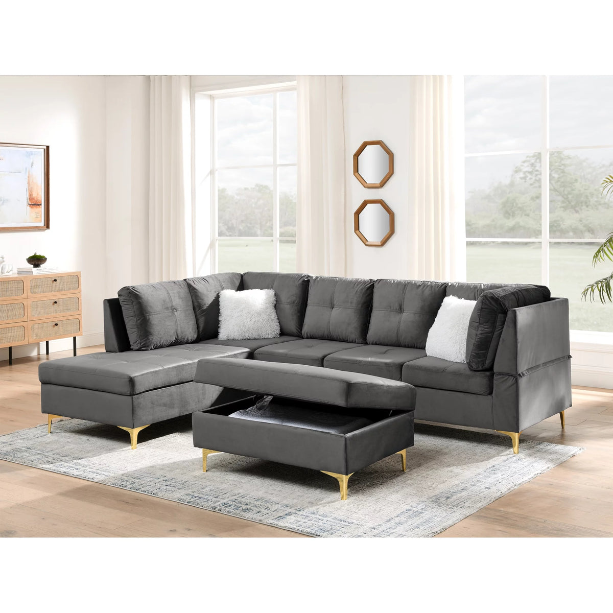 Velvet L Shape Sectional Sofa with Storage Ottoman O448