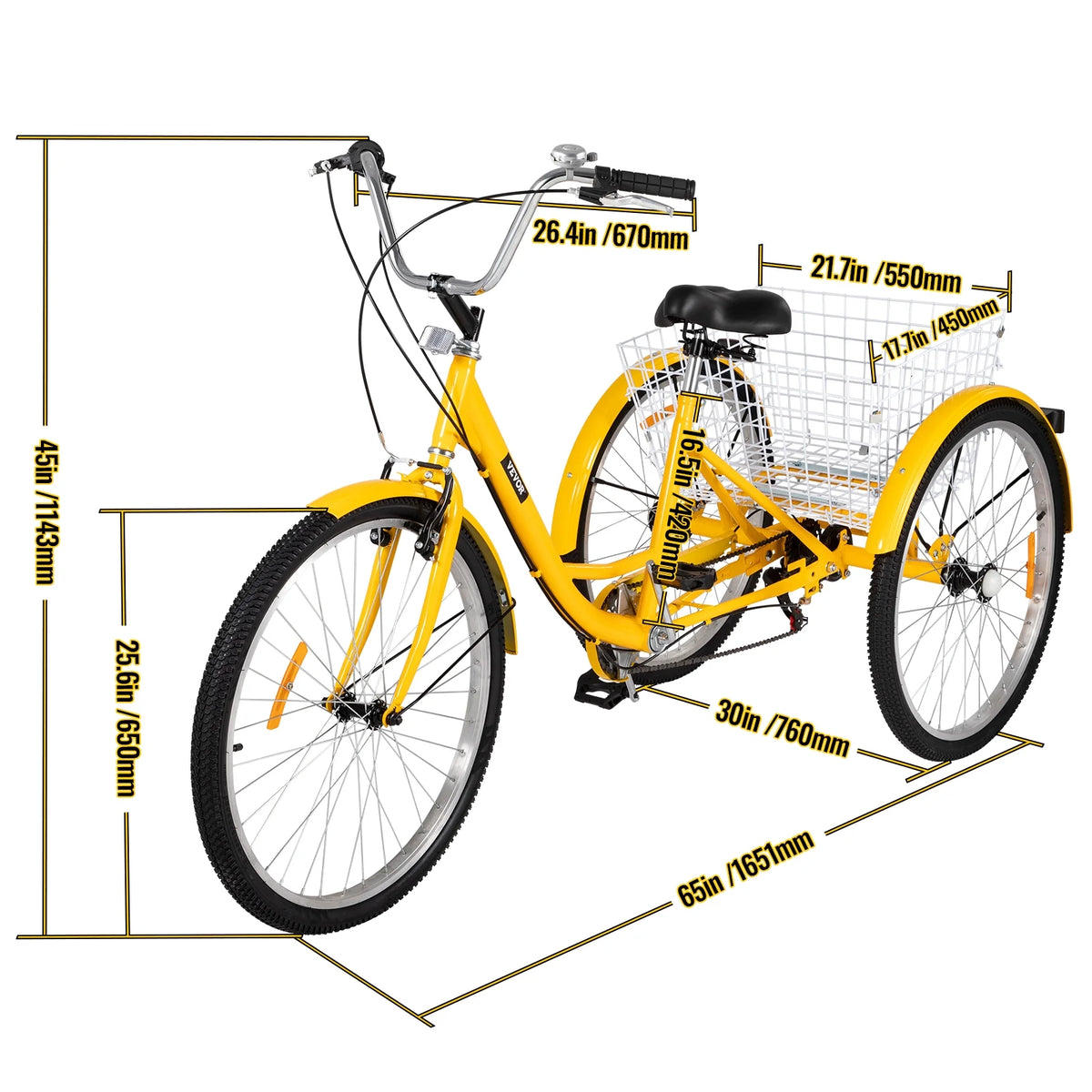 Adult Tricycle 7 Speed 26in Adjustable Trike with Bell, Brake System Basket T95188