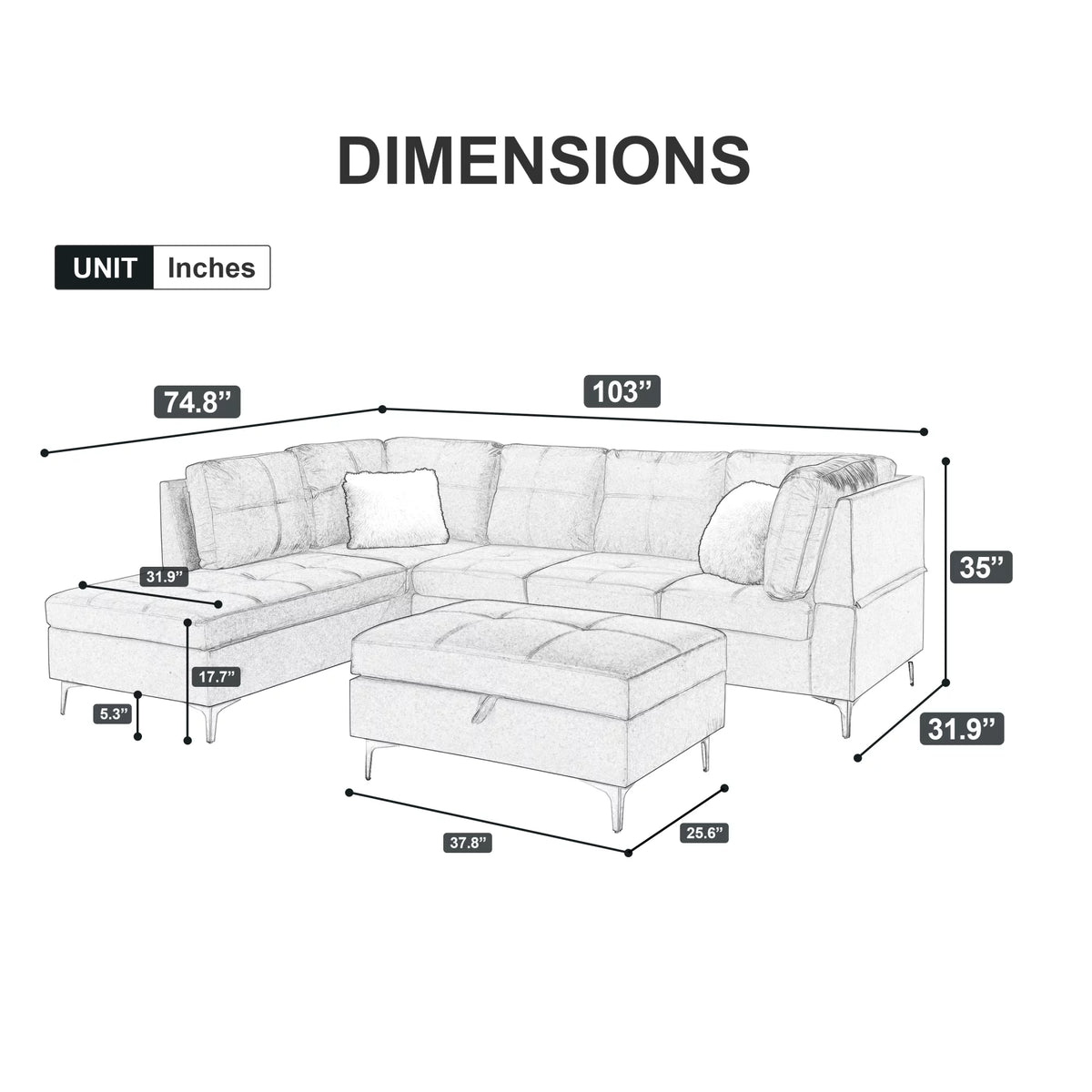 Velvet L Shape Sectional Sofa with Storage Ottoman O448