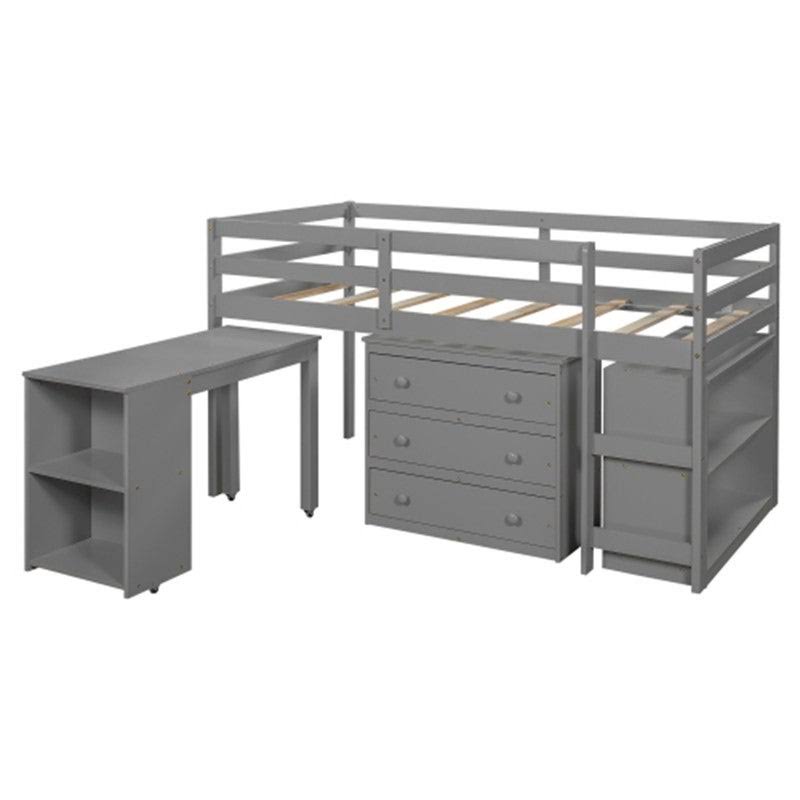 Gray Twin Size Wooden Loft Bed with Rolling Desk and Cabinet I300