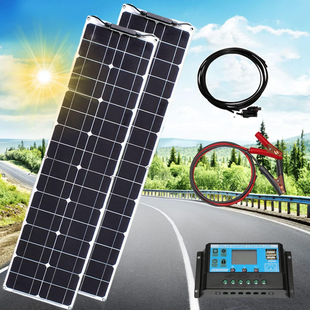 2pcs 200W Semi-Flexible Monocrystalline Solar Panel Kit 12V 400W Q8590