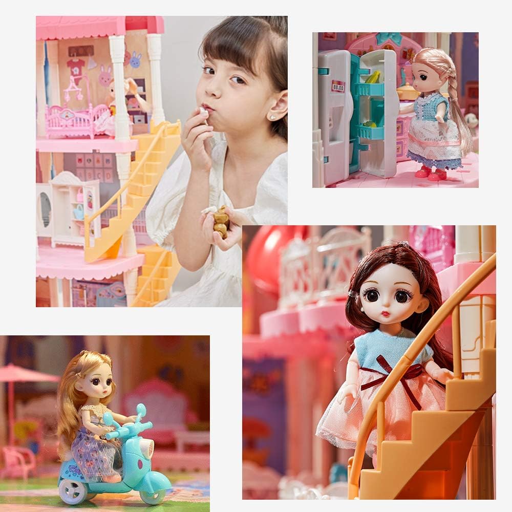 Dollhouse with Furniture Accessories 15 Rooms Pink Pretend Play Doll House Toy Playset M4509