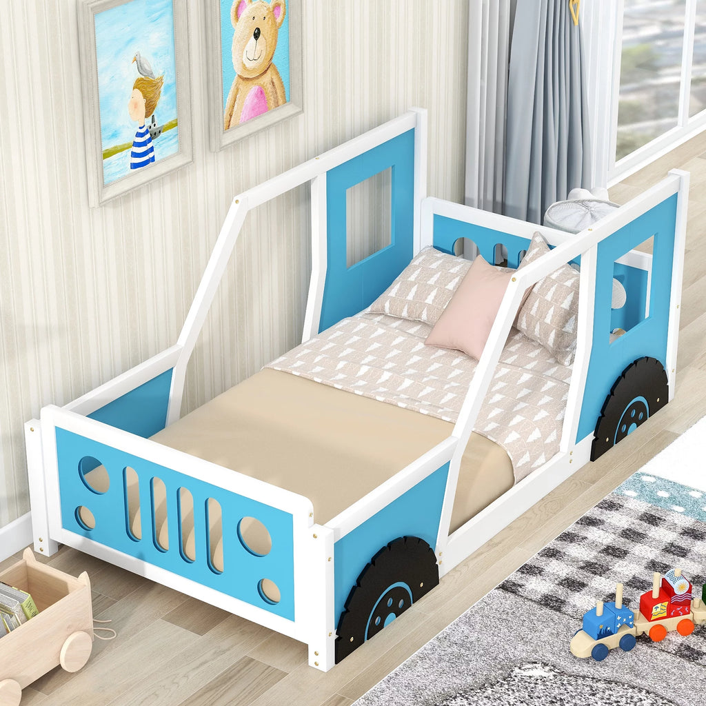 Twin Size Car-Shaped Platform Bed with Wheels V5629