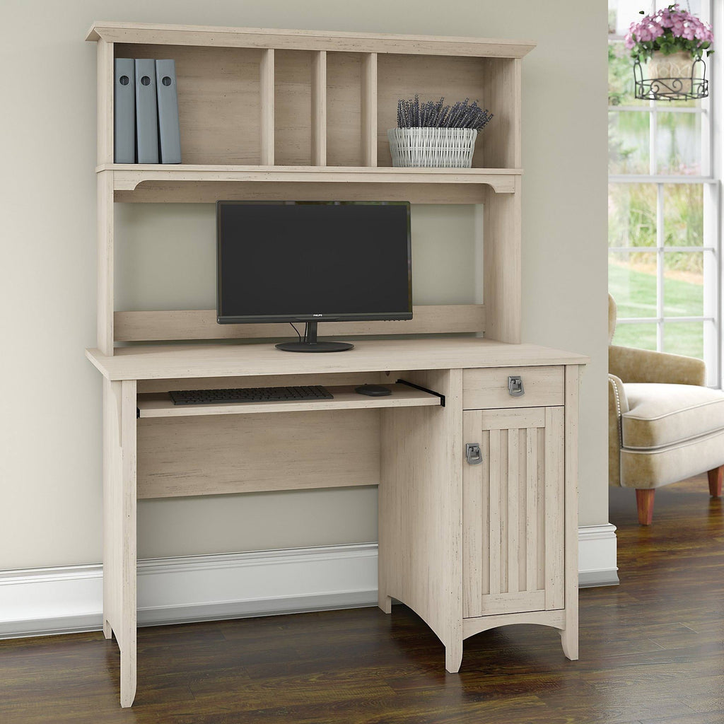Pure White and Shiplap Gray Small Computer Desk with Hutch D4428