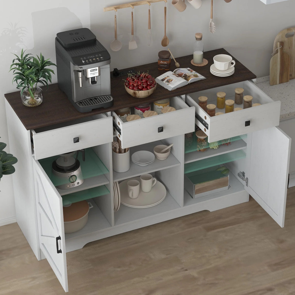 White 53" Wood Coffee Bar Cabinet with 3 Drawers C1790