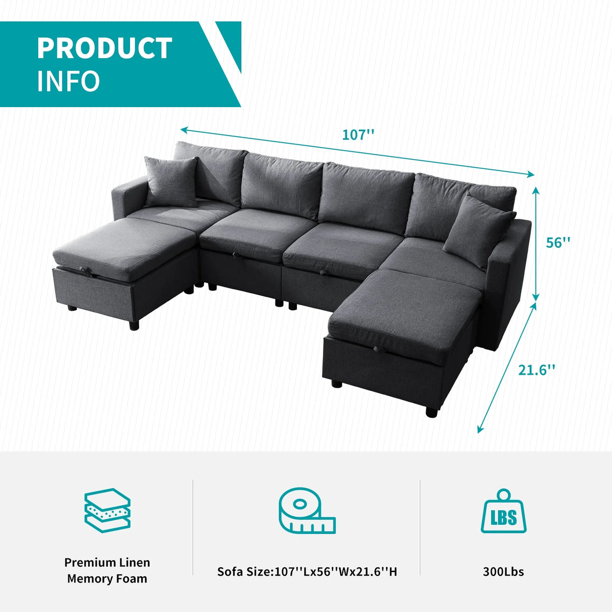 Dark Gray 6-Seater Modular Sectional Sofa with Storage Ottoman Q840369