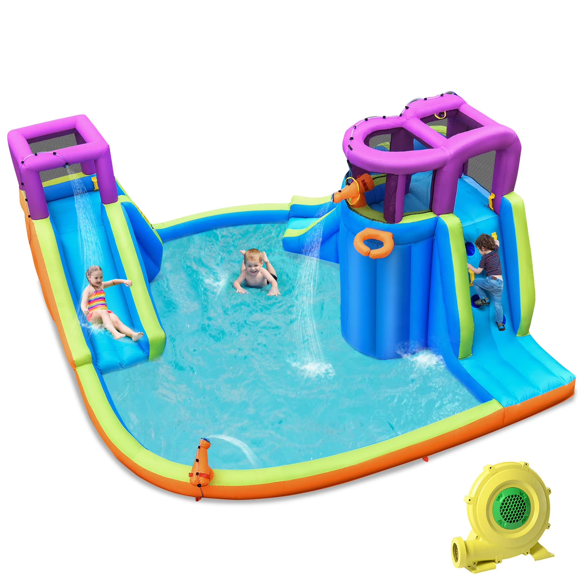 6 in 1 Inflatable Dual Slide Water Park Climbing Bouncer with 950W Blower X382