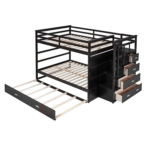 Twin Over Twin Bunk Bed with Stairs and Trundle White N38606