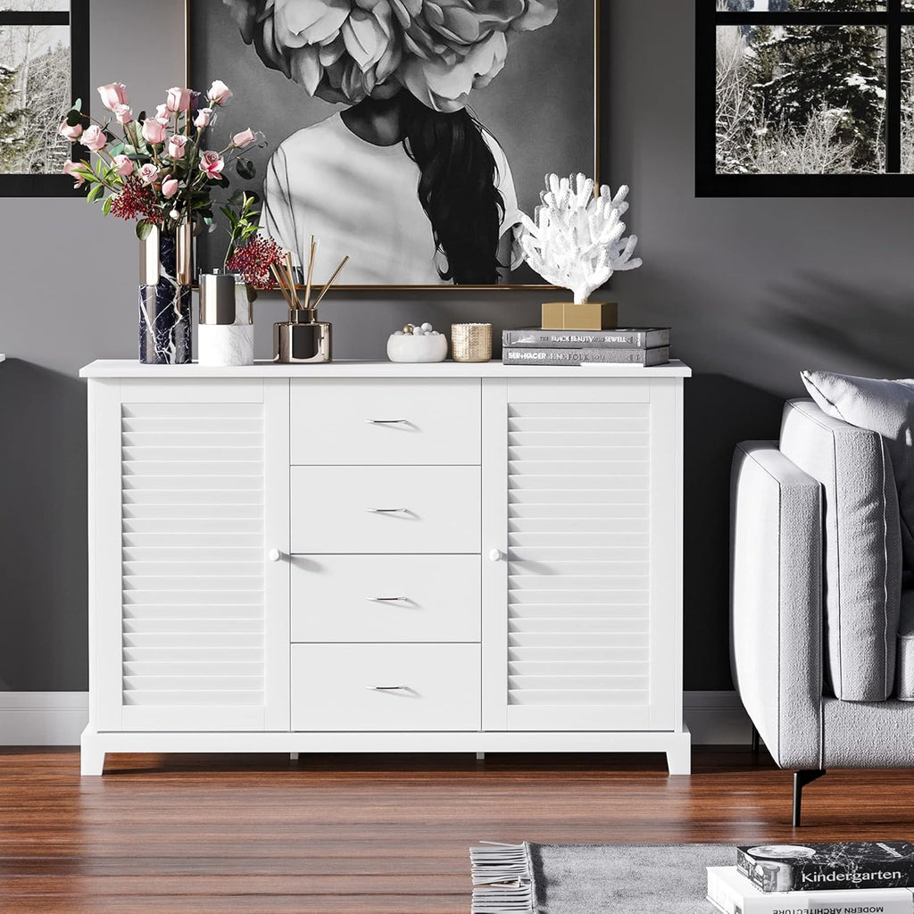 White Storage Cabinet with Drawers and Louvered Doors M698695