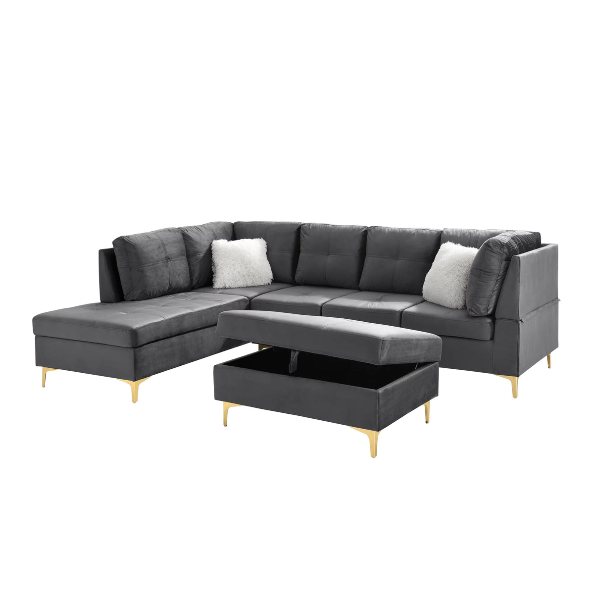 Velvet L Shape Sectional Sofa with Storage Ottoman O448