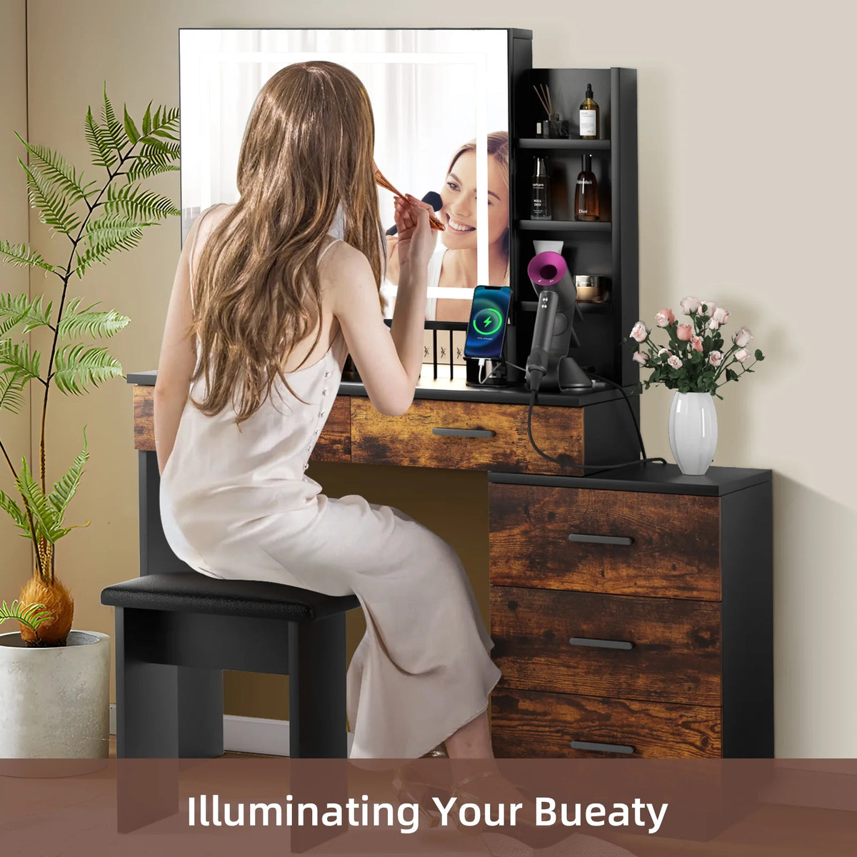 White Makeup Vanity Desk Set with Sliding Mirror and Lights I36565