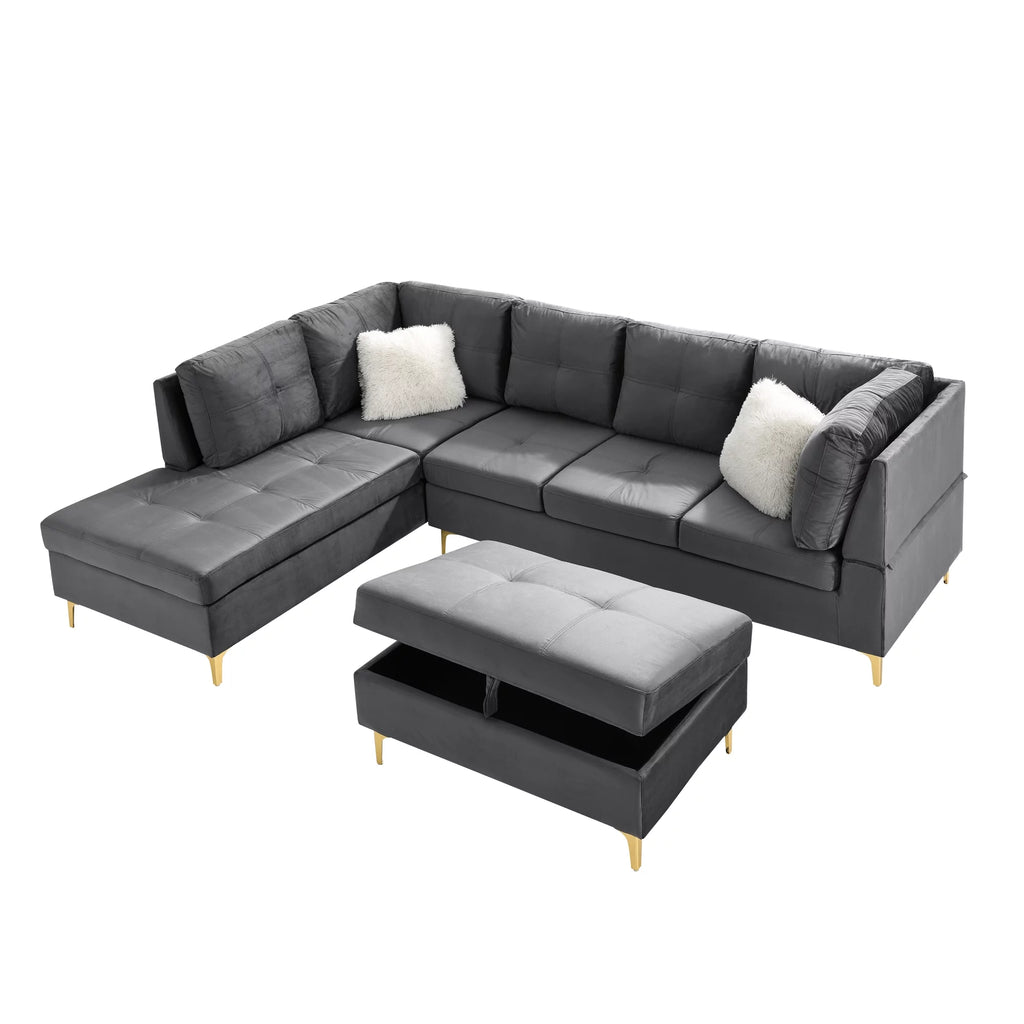 Velvet L Shape Sectional Sofa with Storage Ottoman O448
