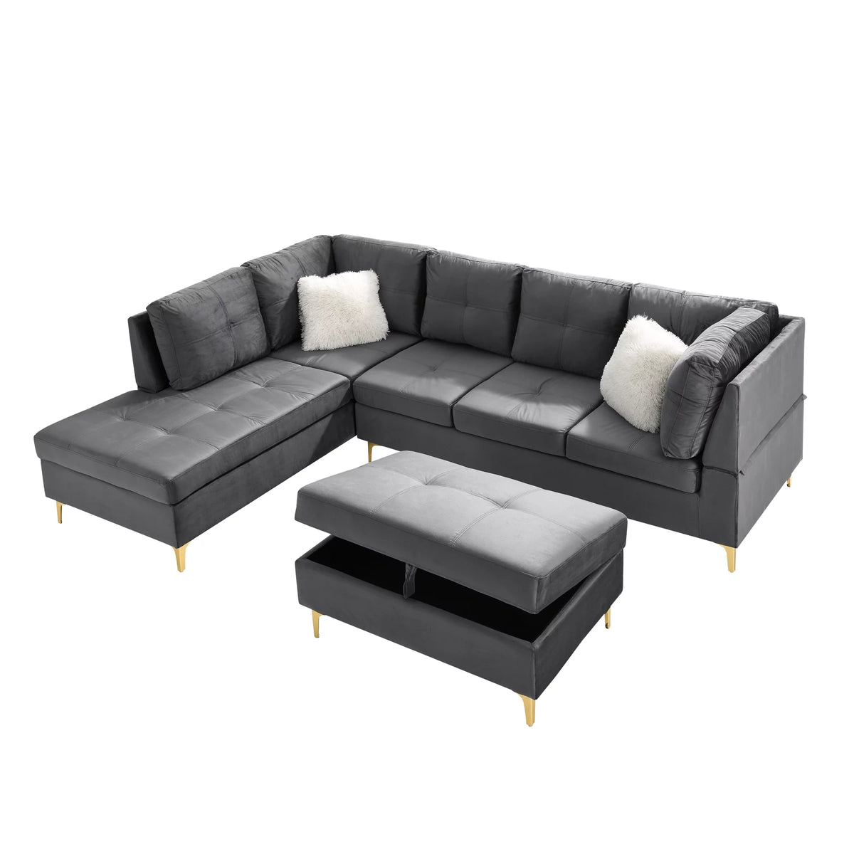 Velvet L Shape Sectional Sofa with Storage Ottoman O448