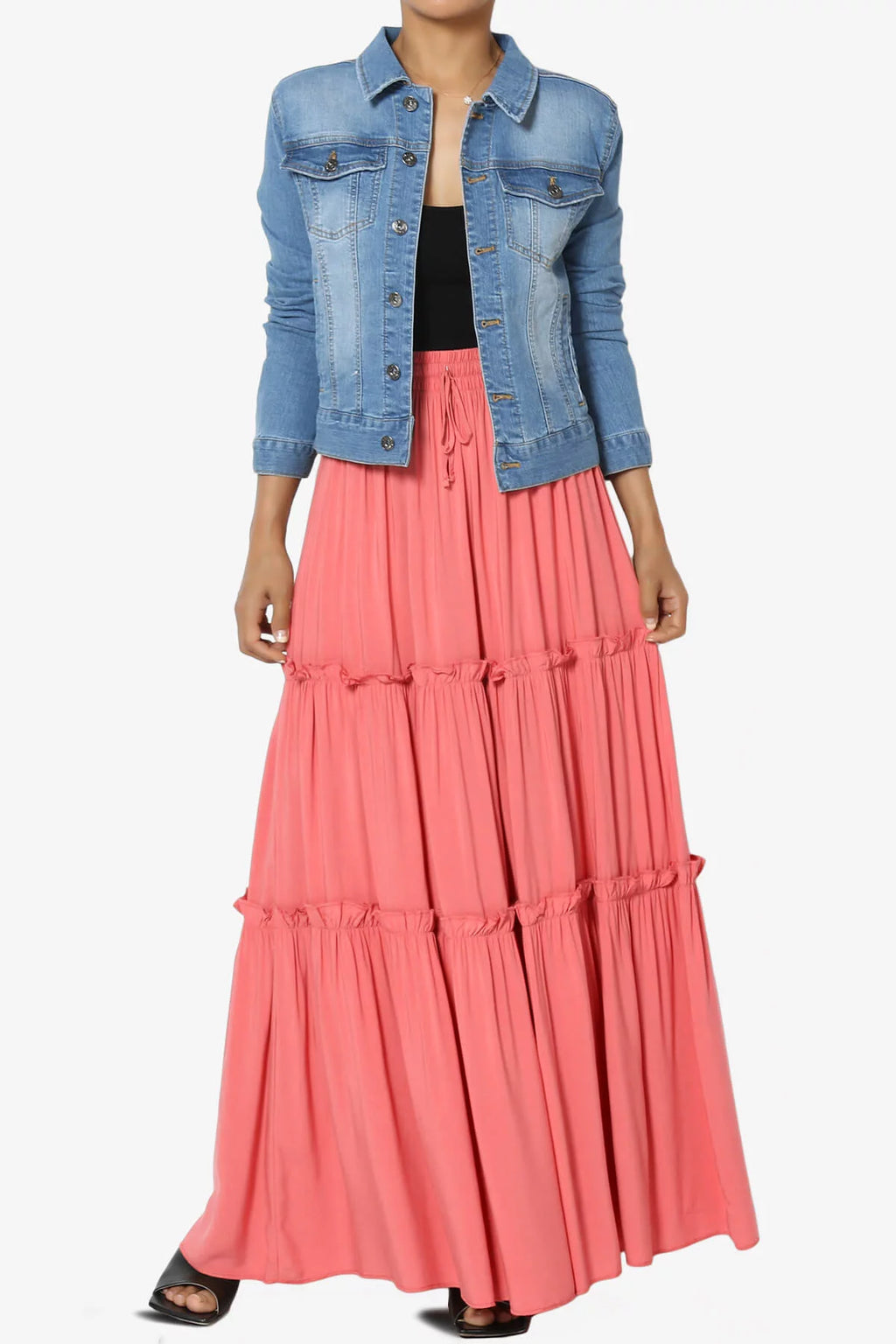 Ruffle Tiered Drawstring High Rise A-Line Maxi Skirt A8228