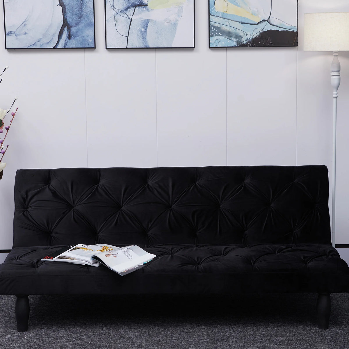 Black Velvet Futon Sofa Bed F9181