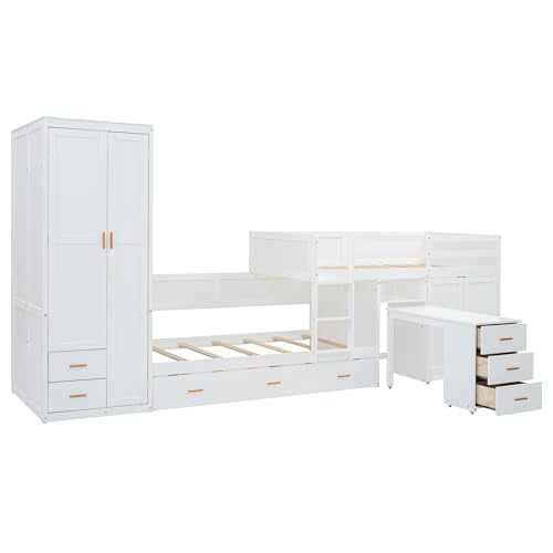 White Twin Over Twin Wood Bunk Bed with Trundle V8453