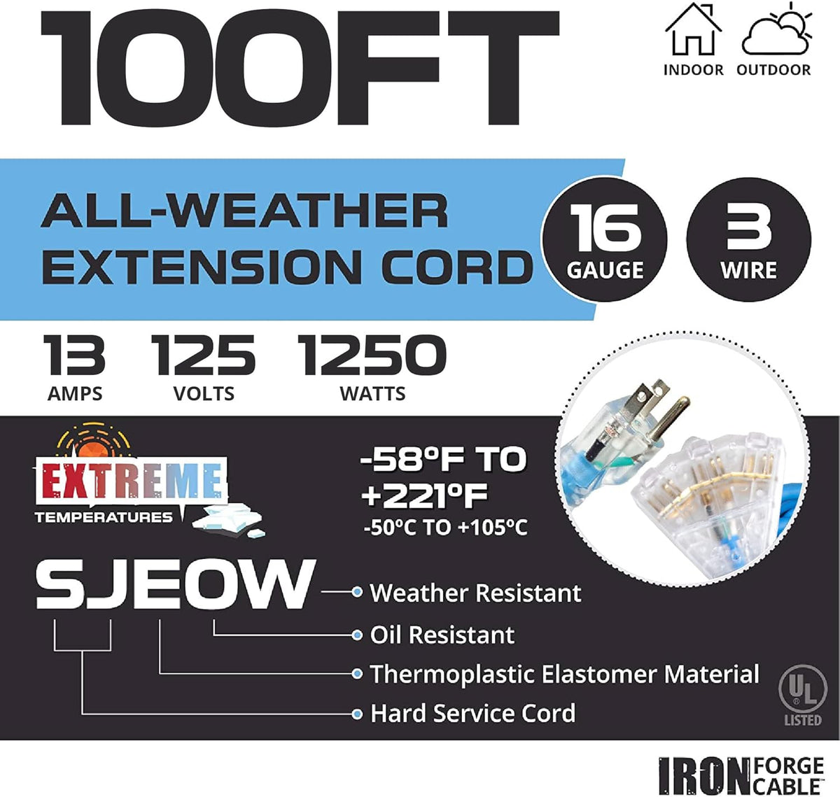 100 Ft All Weather Extension Cord with 3 Electrical Power Outlets, 16/3 SJEOW Lighted Outdoor Cable J78288