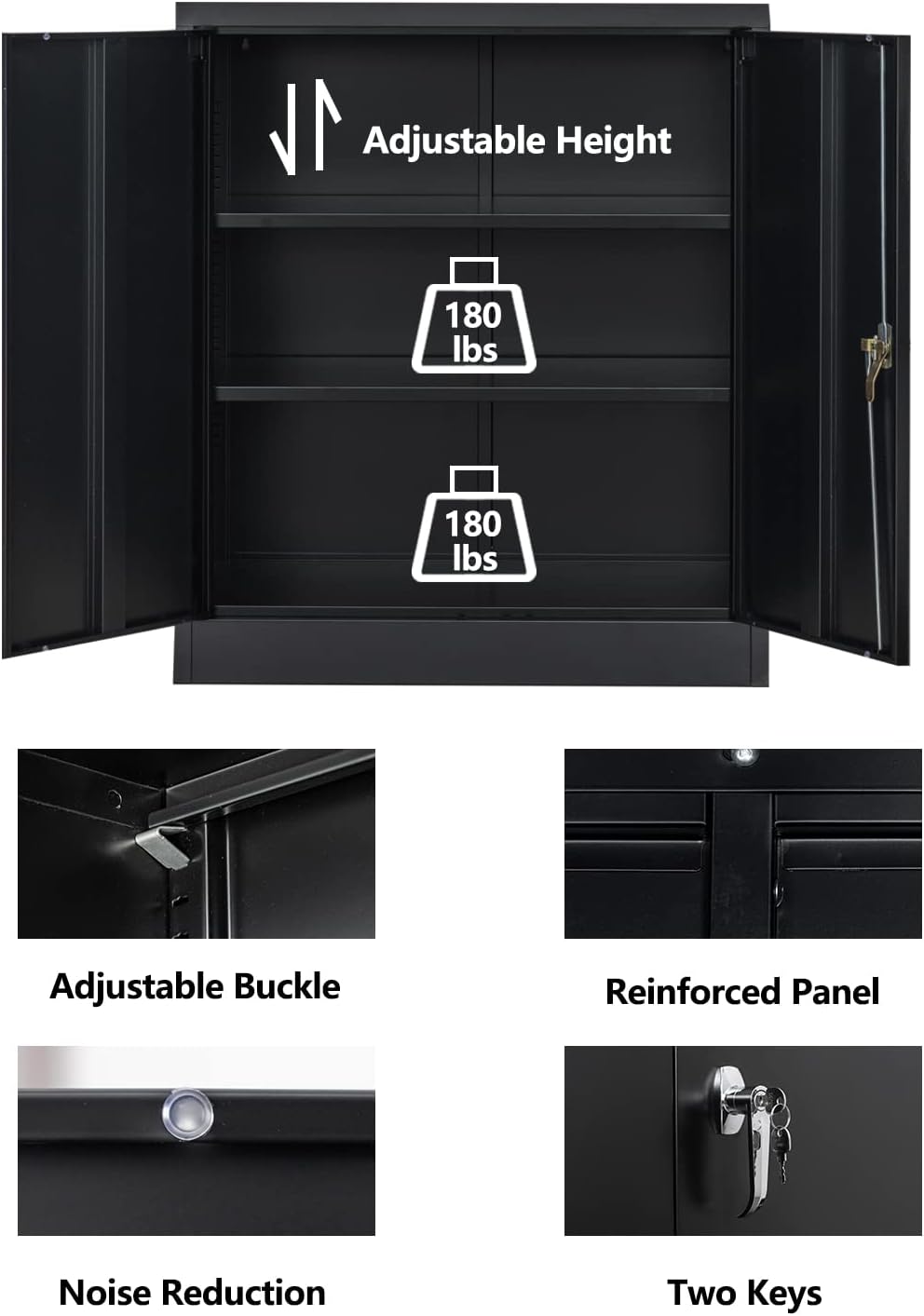 Metal Storage Cabinet with 2 Shelves and 2 Doors, Steel Locking Cabinet, 36.2 H x 31.5 W x 15.7 D (Black) M4018
