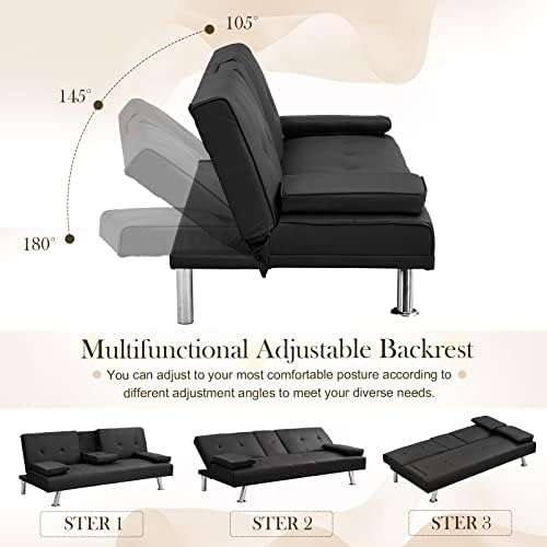 Black Leather Futon Sofa Bed with 2 Cup Holders P99858