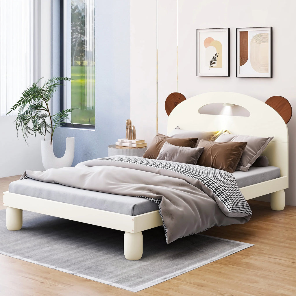 Twin Size Upholstered Bed Frame with Bear Ears Headboard and LED P4786