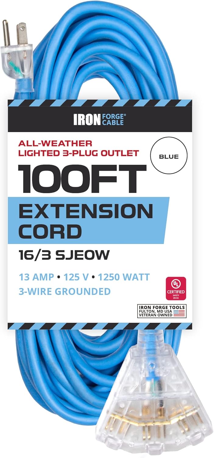 100 Ft All Weather Extension Cord with 3 Electrical Power Outlets, 16/3 SJEOW Lighted Outdoor Cable J78288