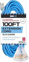 100 Ft All Weather Extension Cord with 3 Electrical Power Outlets, 16/3 SJEOW Lighted Outdoor Cable J78288