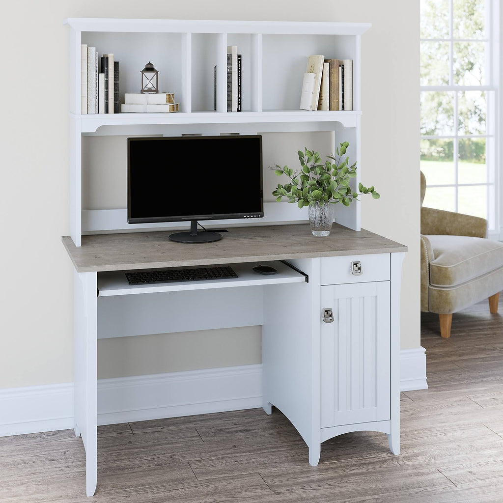 Pure White and Shiplap Gray Small Computer Desk with Hutch D4428