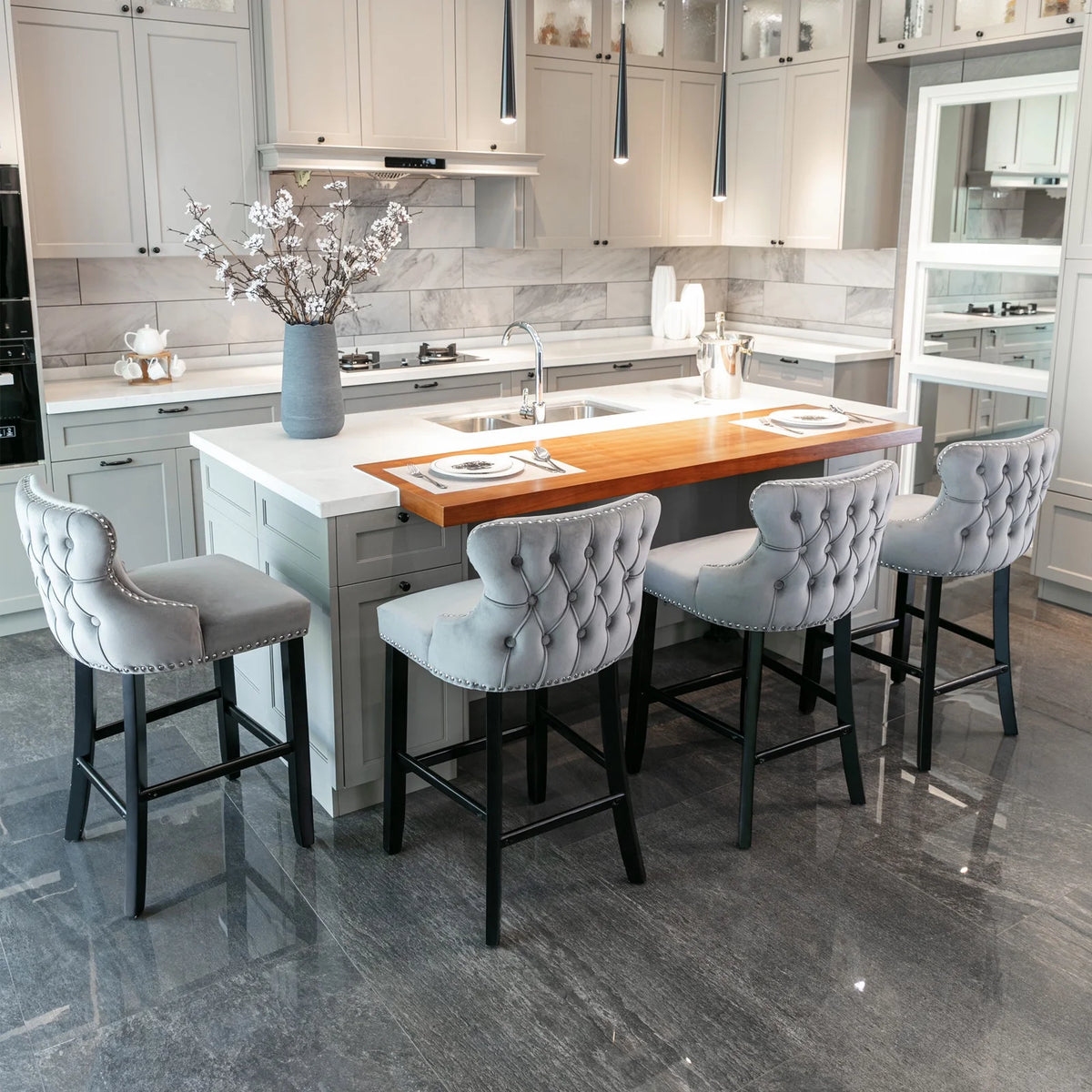 Velvet Wing-Back Upholstered Bar Stools Set of 2 with Solid Wood Legs A88025