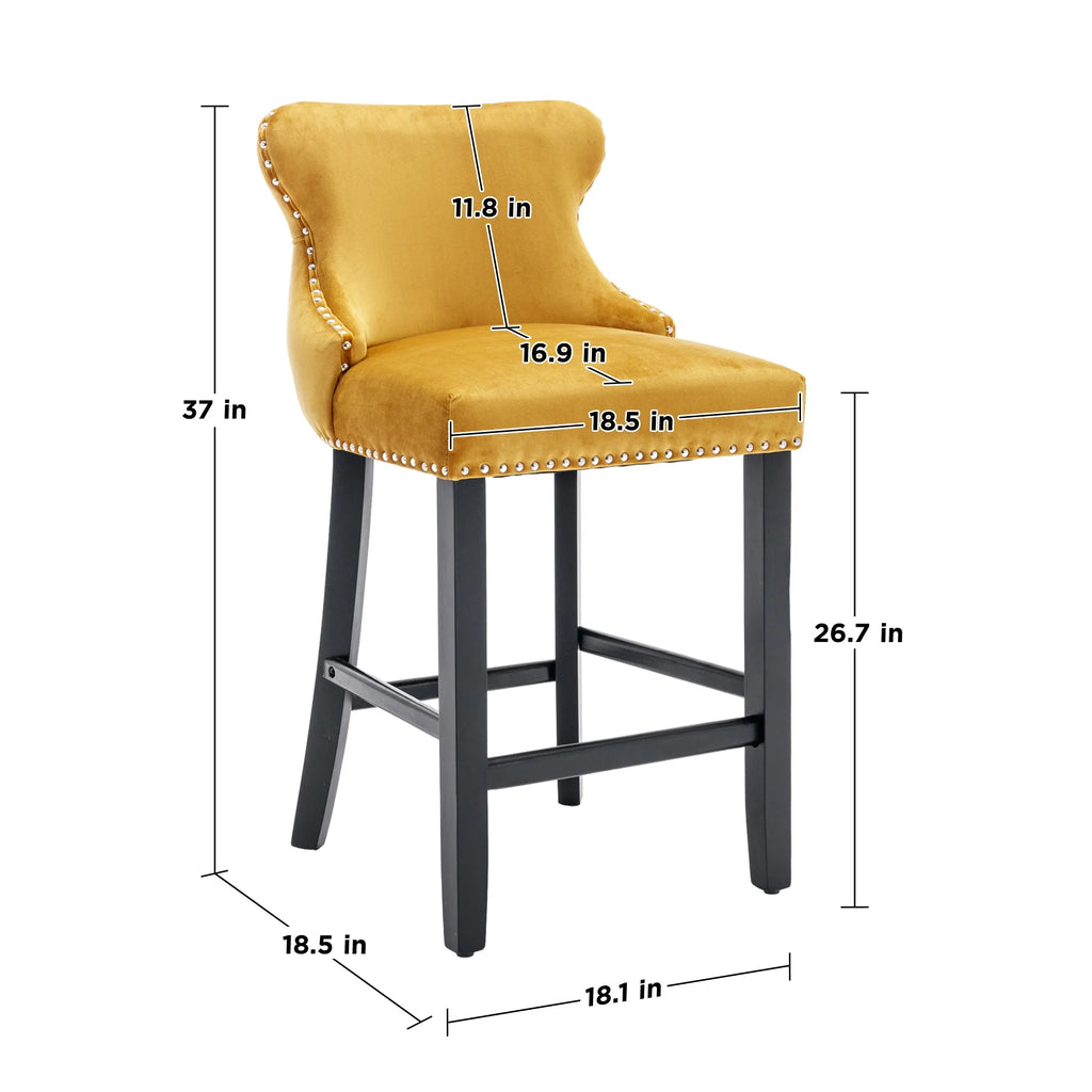 Velvet Wing-Back Upholstered Bar Stools Set of 2 with Solid Wood Legs A88025