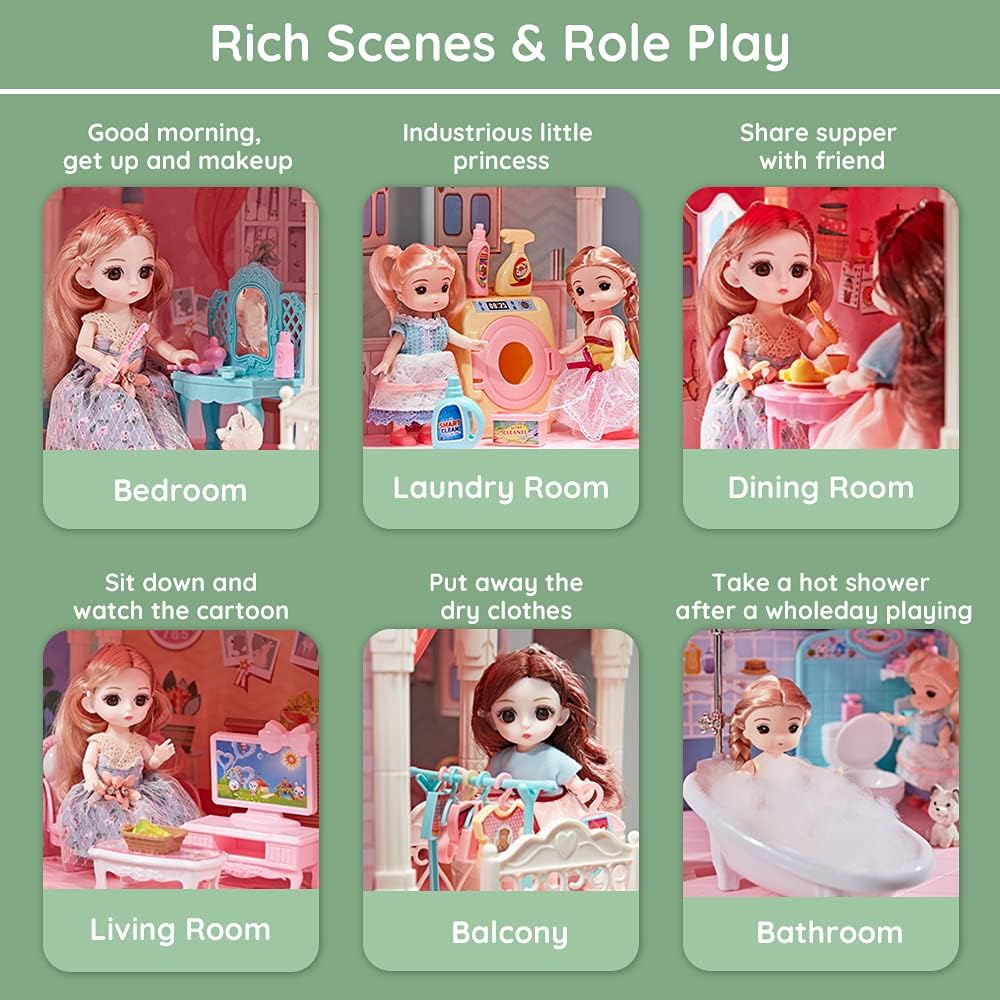 Dollhouse with Furniture Accessories 15 Rooms Pink Pretend Play Doll House Toy Playset M4509