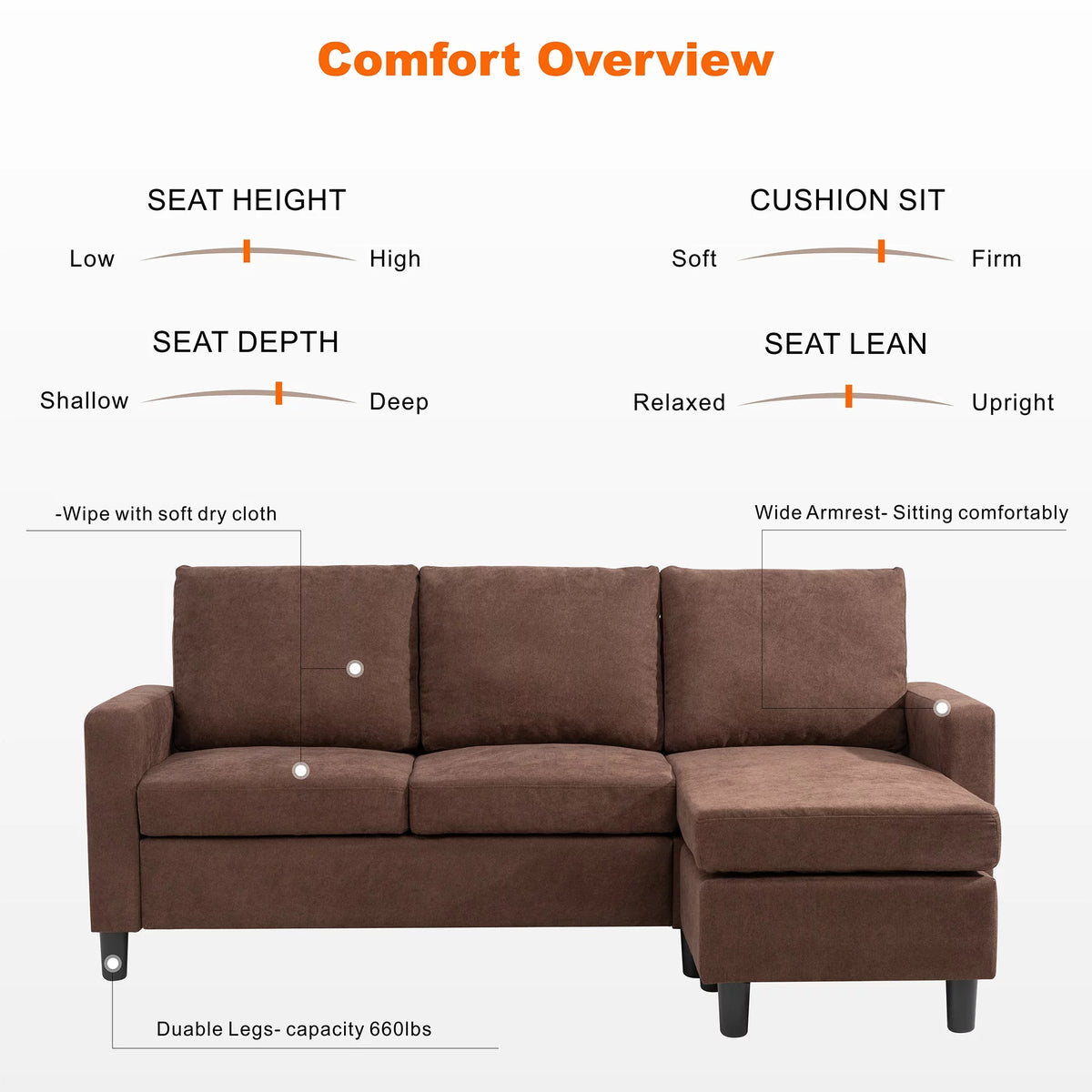 Brown L-Shaped Linen Fabric Sectional Sofa H270
