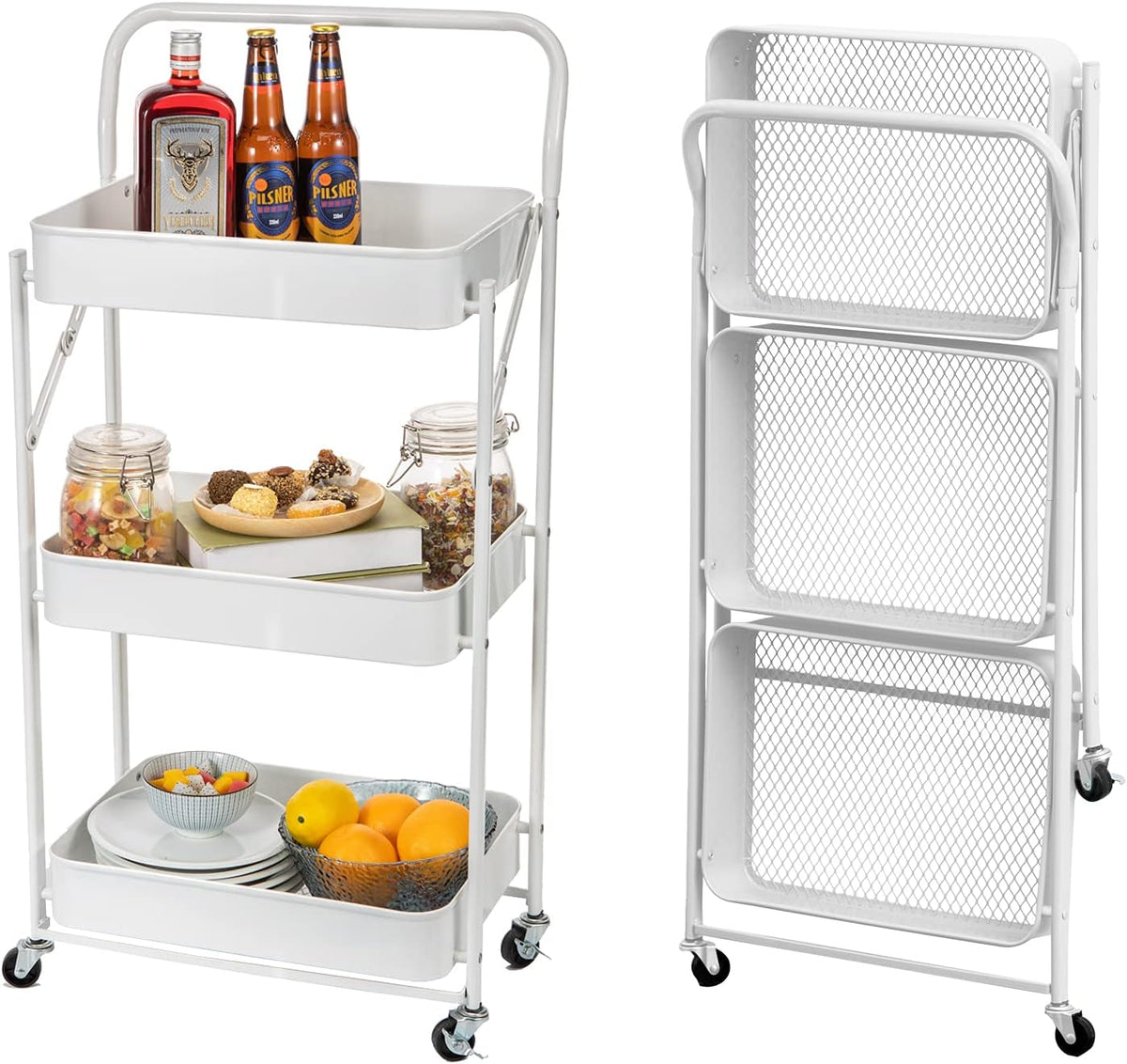 3-Tier Foldable Metal Utility Rolling Cart with Handle and Wheels A277
