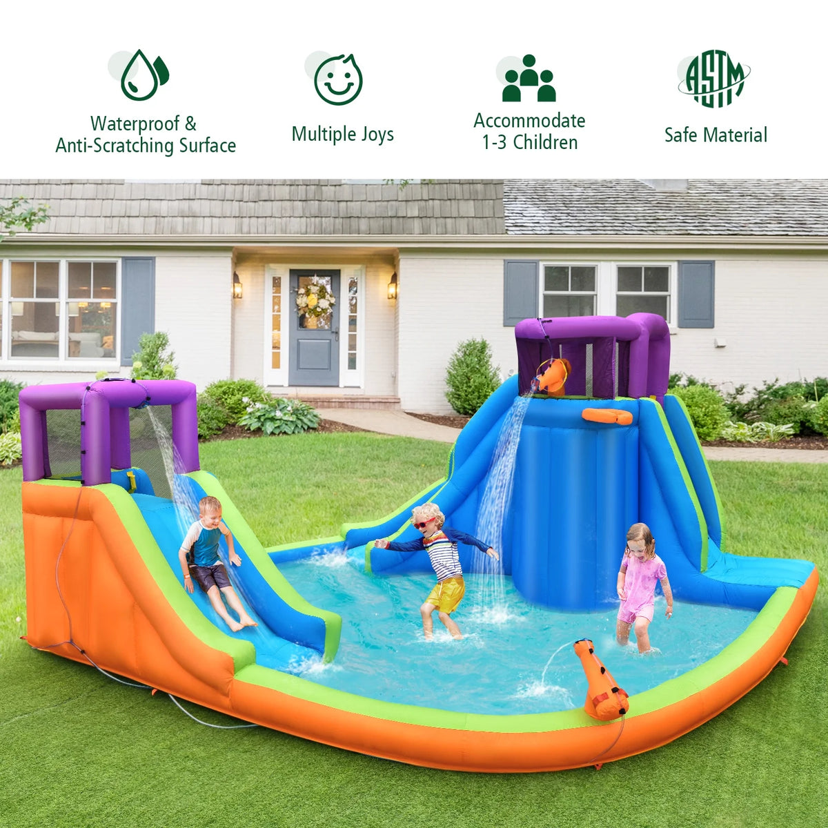 6 in 1 Inflatable Dual Slide Water Park Climbing Bouncer with 950W Blower X382