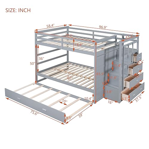 Twin Over Twin Bunk Bed with Stairs and Trundle White N38606